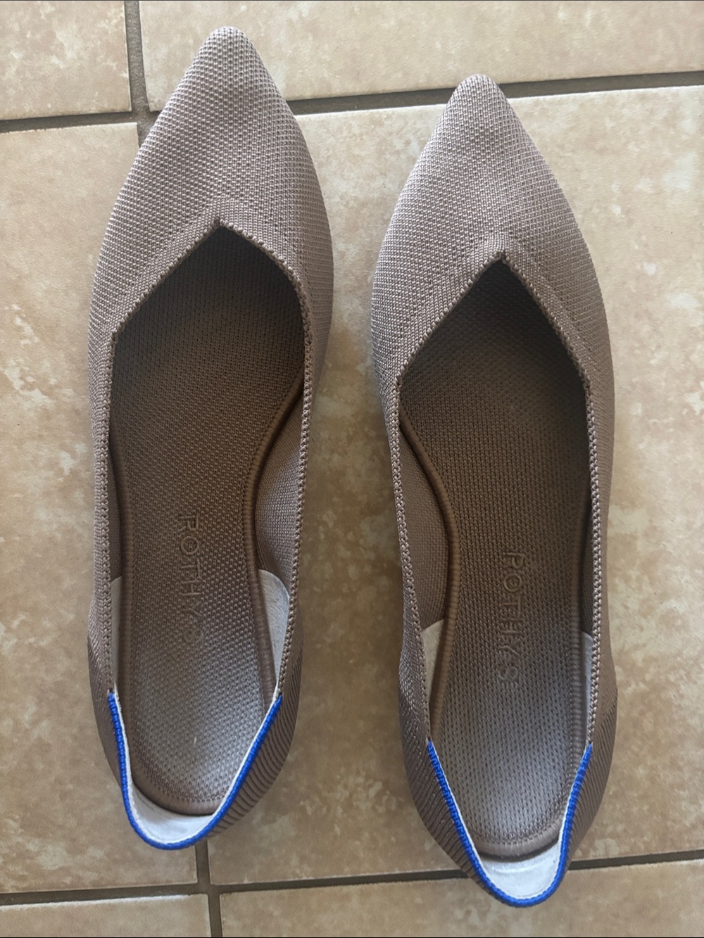 Rothy's Pointed Toe Knit Flats in Taupe with Blue Trim